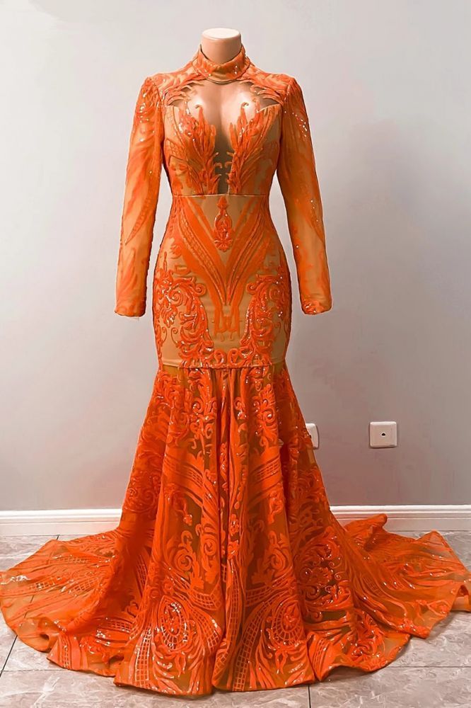 Charming Orange High Neck Long Sleeve Floor-length Mermaid Prom Dresses