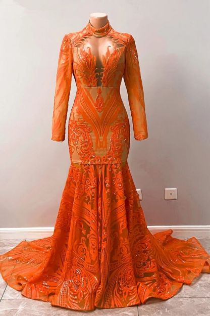 Charming Orange High Neck Long Sleeve Floor-length Mermaid Prom Dresses
