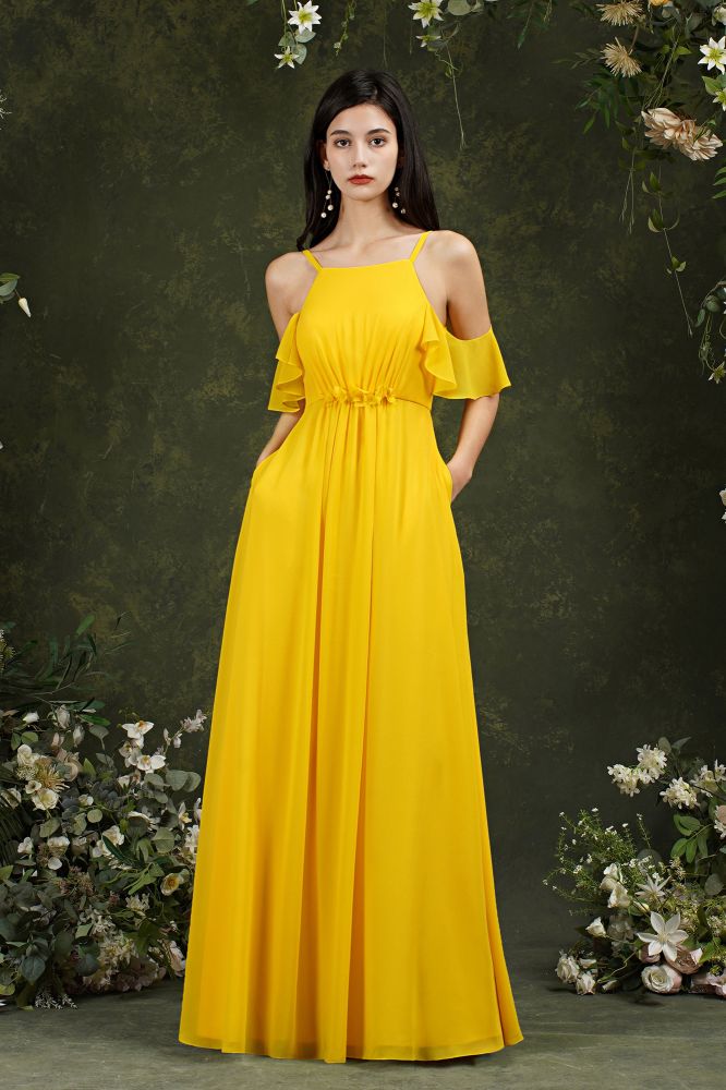 Beautiful Yellow Off-the-Shoulder Ruffles A-Line Chiffon Bridesmaid Dress With Pockets