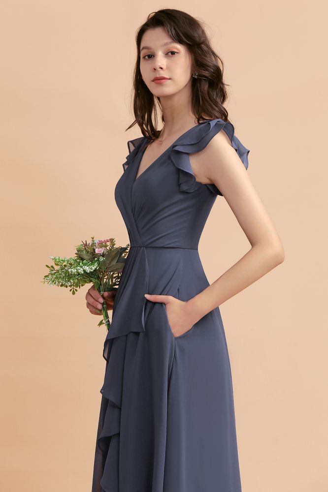 Ruffles Sleeves Chiffon Aline Wedding Party Dress Floor Length Evening Dress