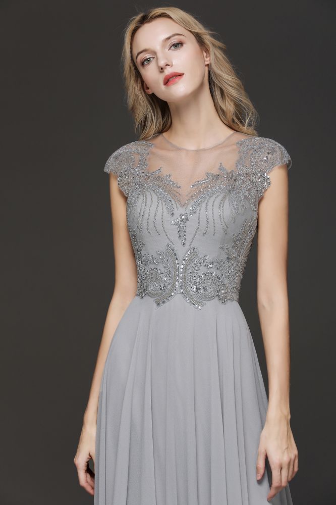 Crystal Appliques Sweetheart Side Slit Prom Dresses | Backless Capsleeves Evening Dresses