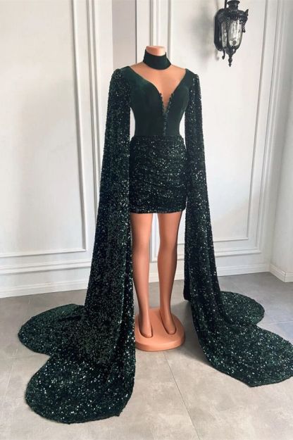 Dark Green Mini length Sequin Prom Dresses with cape