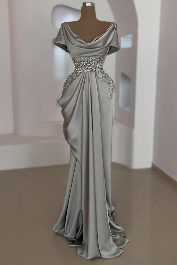 Short sleeves Mermaid Round neck Gray Prom Dresses