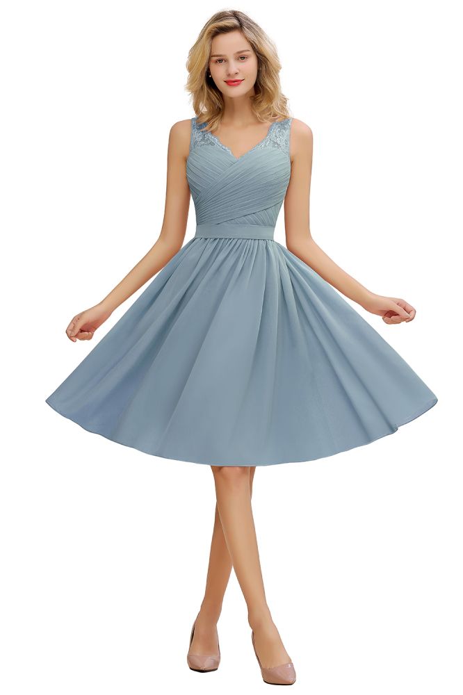 Lace V-neck Long Short Homecoming Dresses with Belt | Sexy Sleeveless V-back Pink Knee length Cocktail Dress-Babyonlinewholesale