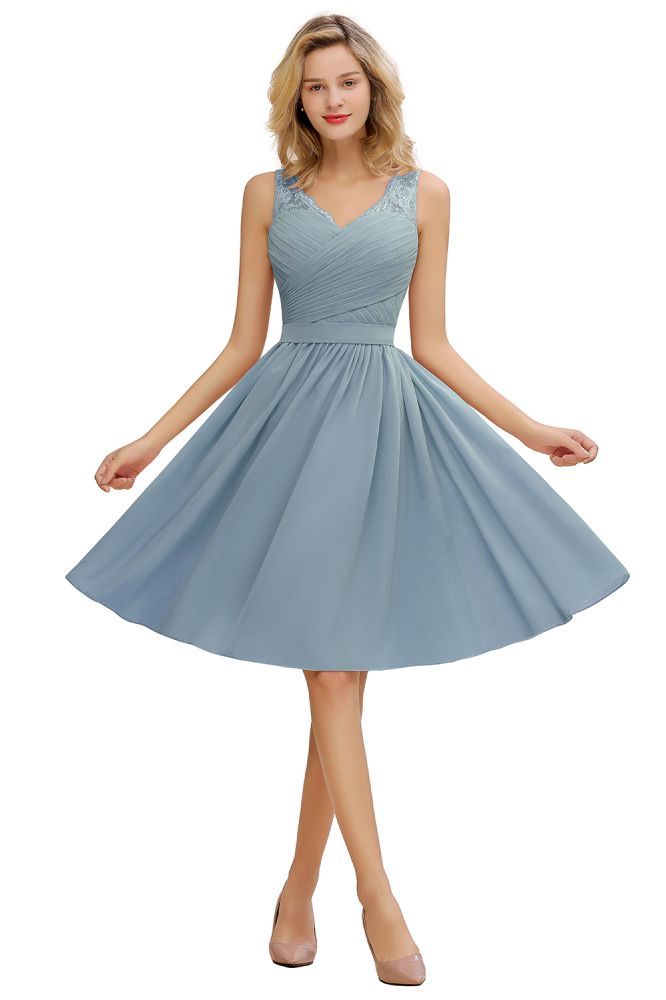 Lace V-neck Long Short Homecoming Dresses with Belt | Sexy Sleeveless V-back Pink Knee length Cocktail Dress-Babyonlinewholesale