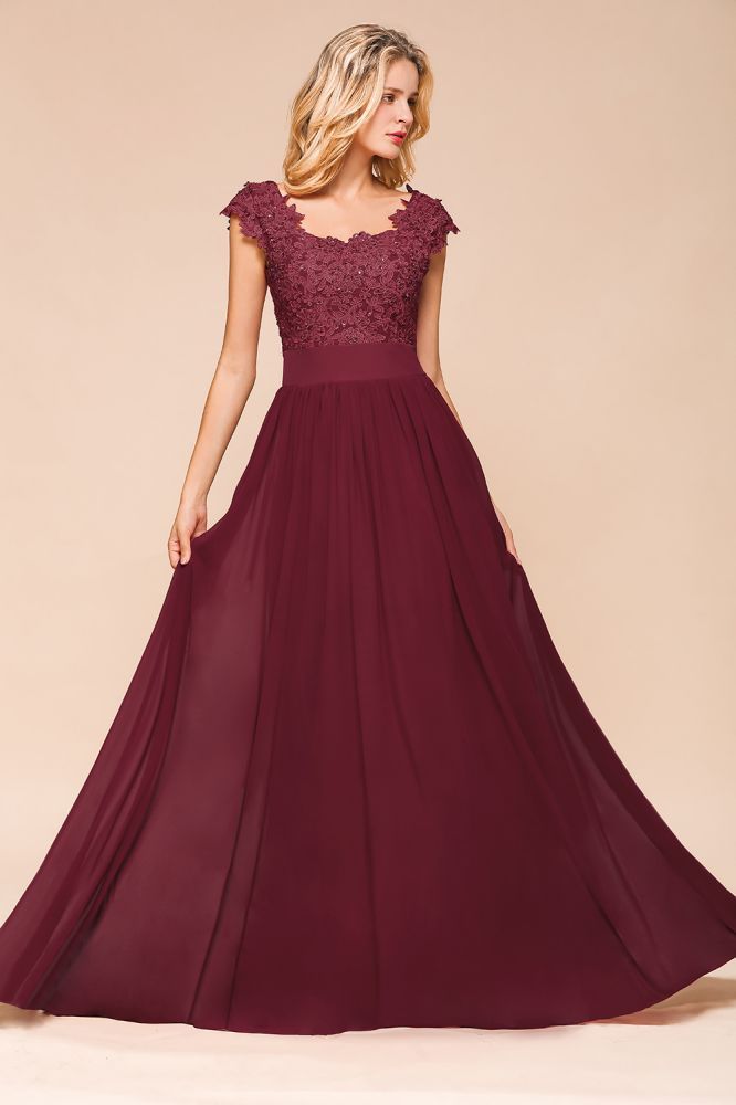 Burgundy Cap sleeves Lace Evening Gowns with Appliques | Chiffon Long Mother of the bride dress