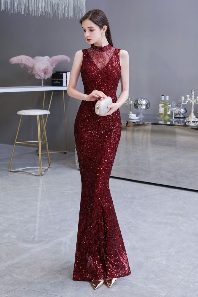 Elegant Illusion neck Burgundy Sleeveless Mermaid Prom Dress