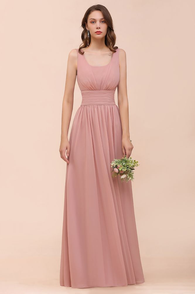 Dusty Pink Suqare Neck Aline Bridesmaid Dress Sleeveless Evening Party Dress