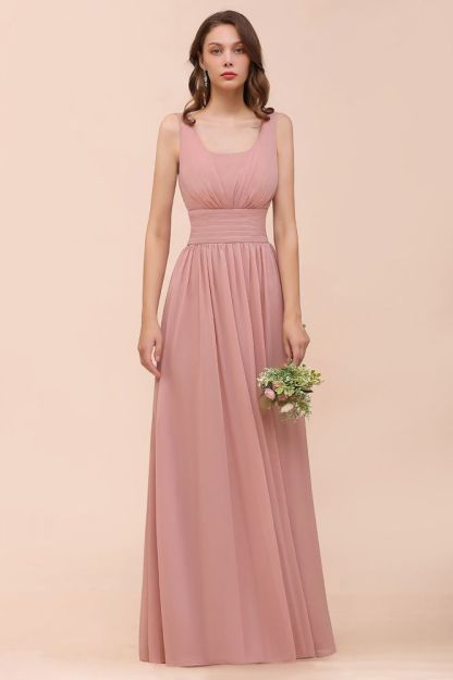 Dusty Pink Suqare Neck Aline Bridesmaid Dress Sleeveless Evening Party Dress