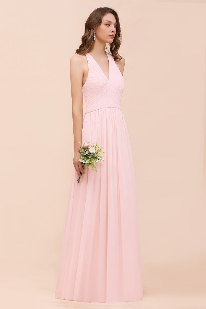 Pink V-Neck Simple Bridesmaid Dress Aline Chiffon Wedding Guest Dress