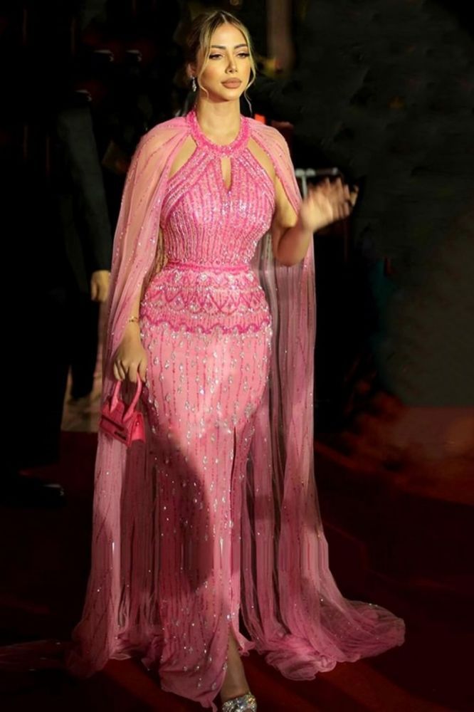 Gorgeous Halter Shiny Beading Sequins Mermaid Evening Dresses with Tulle Shawl Dubai Wedding Party Dress-Babyonlinewholesale