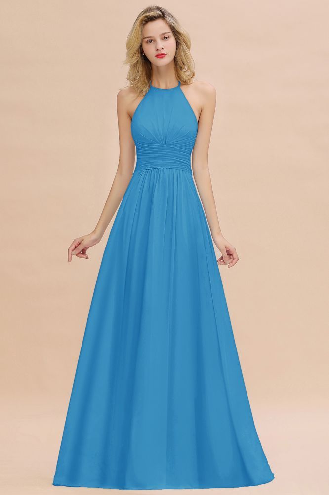 Stylish Sky Blue Halter Soft Chiffon Bridesmaid Dress Aline Evening Swing Dress