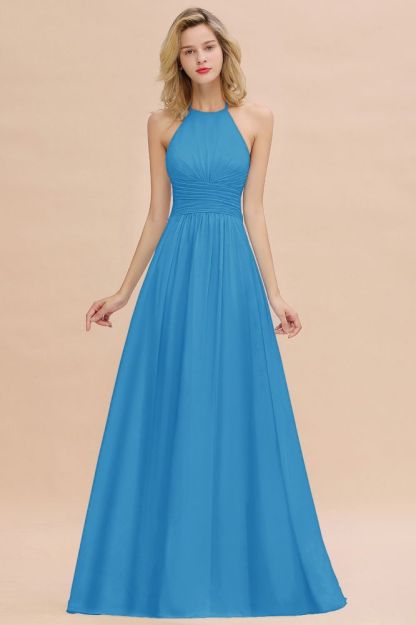 Stylish Sky Blue Halter Soft Chiffon Bridesmaid Dress Aline Evening Swing Dress