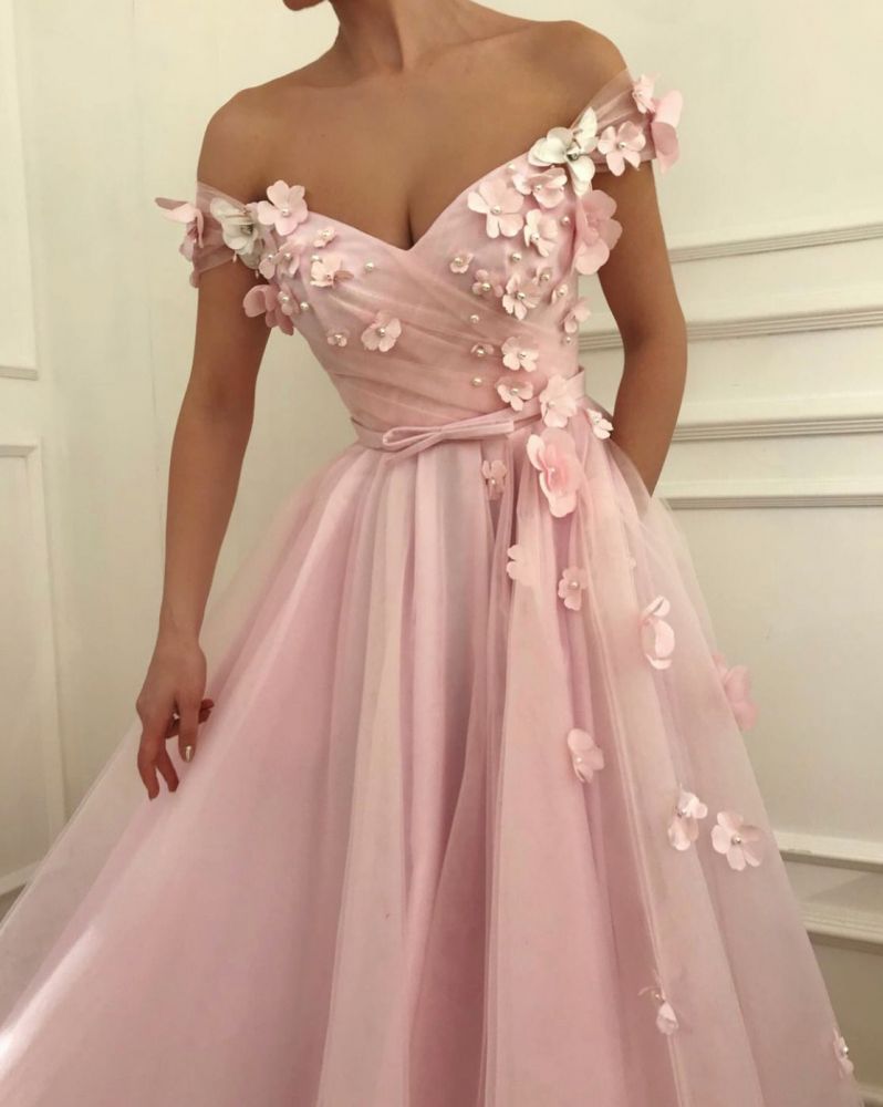 Pink Flowers A-Line Tulle Long Prom Dress | Elegant Off-the-Shoulder Evening Gowns