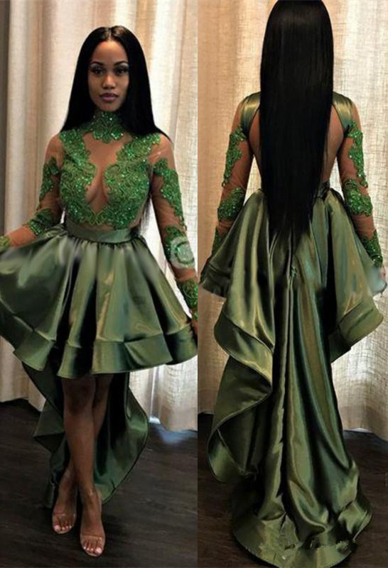 Sexy See Through Lace Long Sleeve Prom Dress | Hi-lo Dark Green Evening Dress