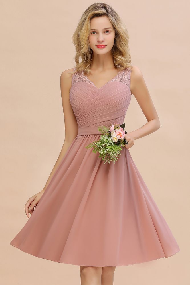 Lace V-neck Long Short Homecoming Dresses with Belt | Sexy Sleeveless V-back Pink Knee length Cocktail Dress-Babyonlinewholesale