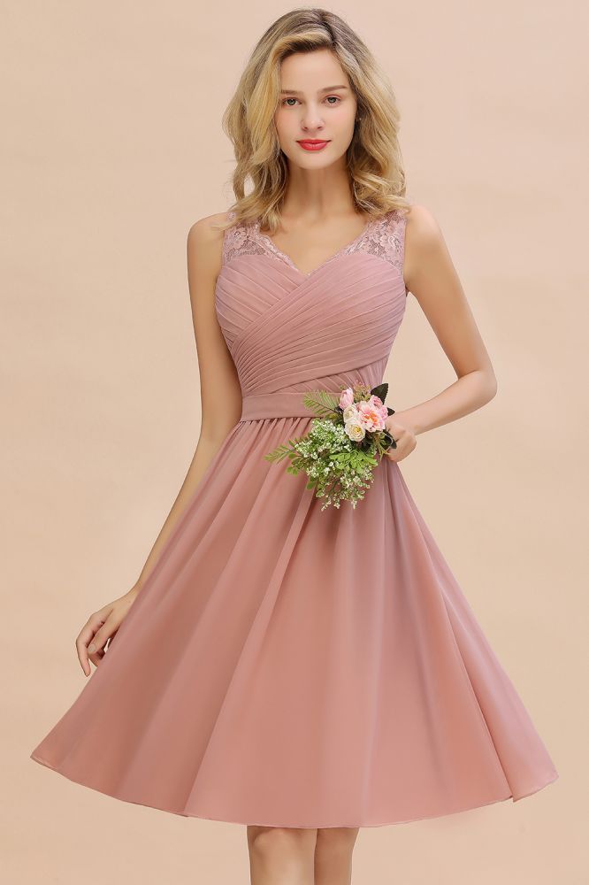Lace V-neck Long Short Homecoming Dresses with Belt | Sexy Sleeveless V-back Pink Knee length Cocktail Dress-Babyonlinewholesale