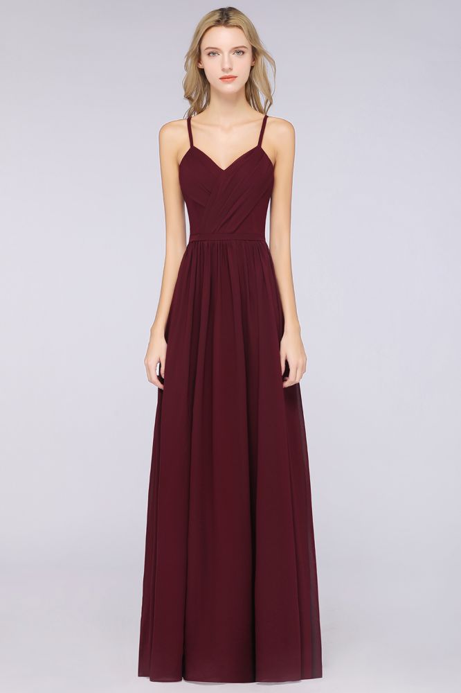 Chiffon A-Line Spaghetti-Straps V-Neck Sleeveless Long Bridesmaid Dress with Ruffles
