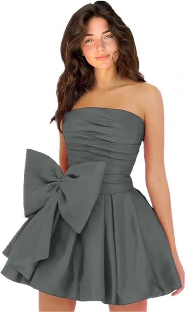 Chic Ruched Satin Short Homecoming Dresses Strapless Knee Length Party Dress with Bow