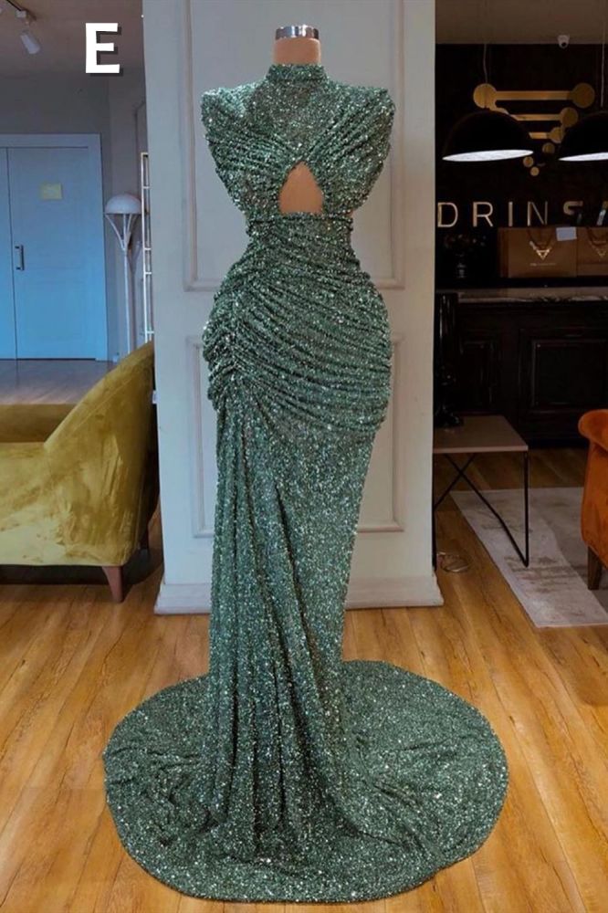 Sparkle dark green high split straps sequin sleeveless long prom dress