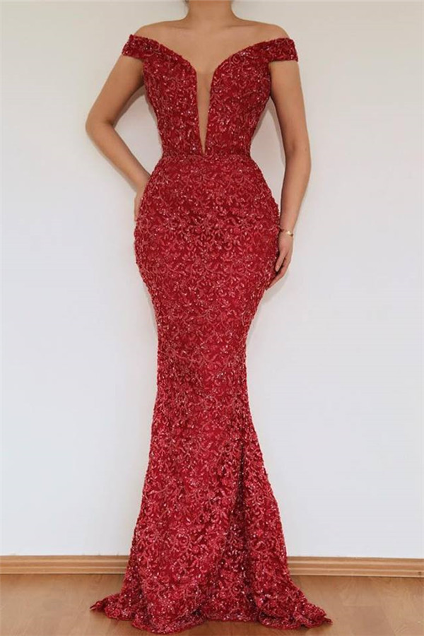 Burgundy Glamorous Mermaid Off The Shoulder Lace Appliques Prom Dress With Detachable Skirt