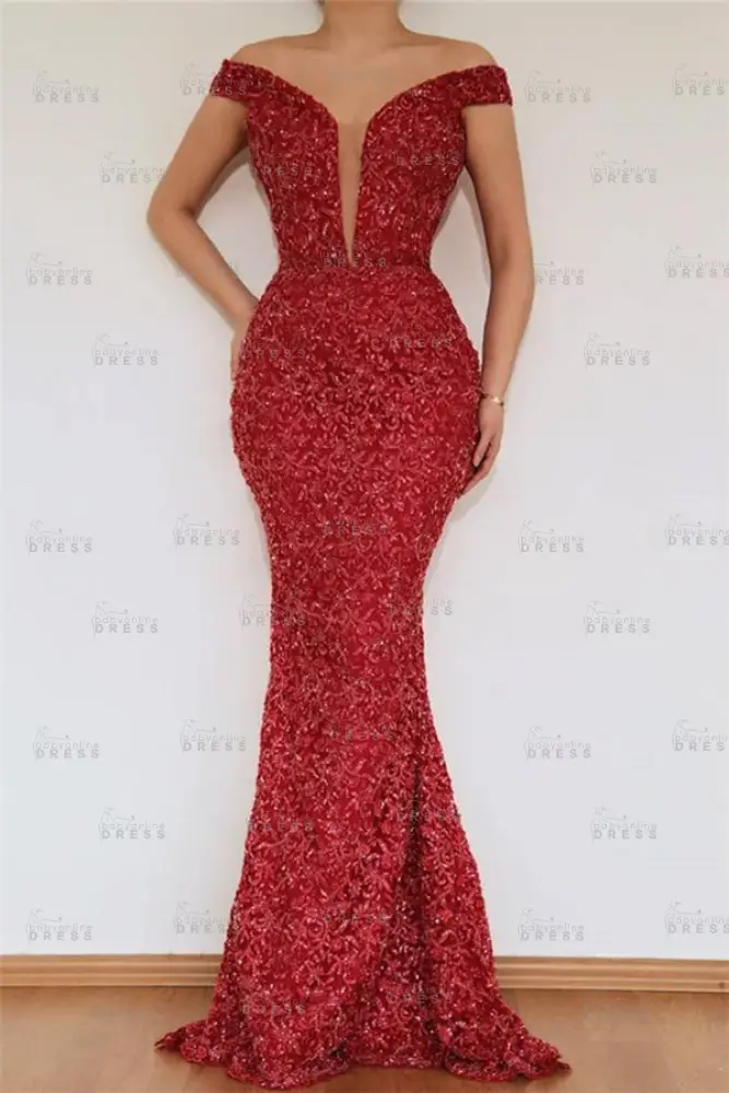 Burgundy Glamorous Mermaid Off The Shoulder Lace Appliques Prom Dress With Detachable Skirt