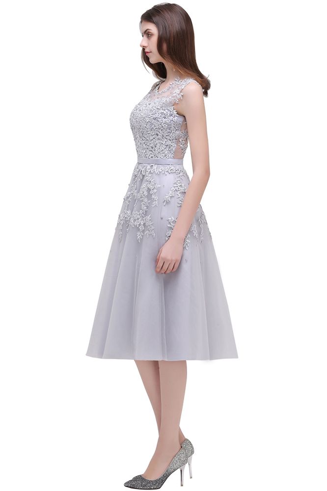 EMORY | A-Line Crew Tea Length Lace Appliques Short Prom Dresses