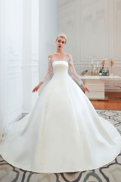 Romantic Lace Long Sleeves Princess Satin Wedding Dress | Princess Bridal Gowns with Cathedral Train