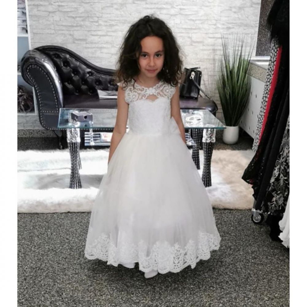White Lace Keyhole Appliques Cute A-line Flower Girl Dress