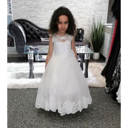White Lace Keyhole Appliques Cute A-line Flower Girl Dress