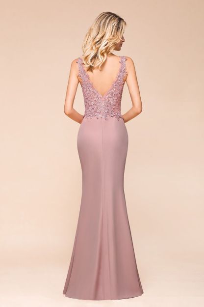 Dusty Pink V-neck Satin Lace Evening Dresses