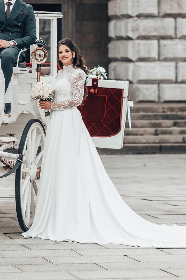 Long Lace Sleeves High neck White Princess Wedding Dresses