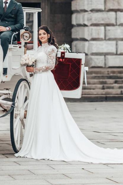 Long Lace Sleeves High neck White Princess Wedding Dresses