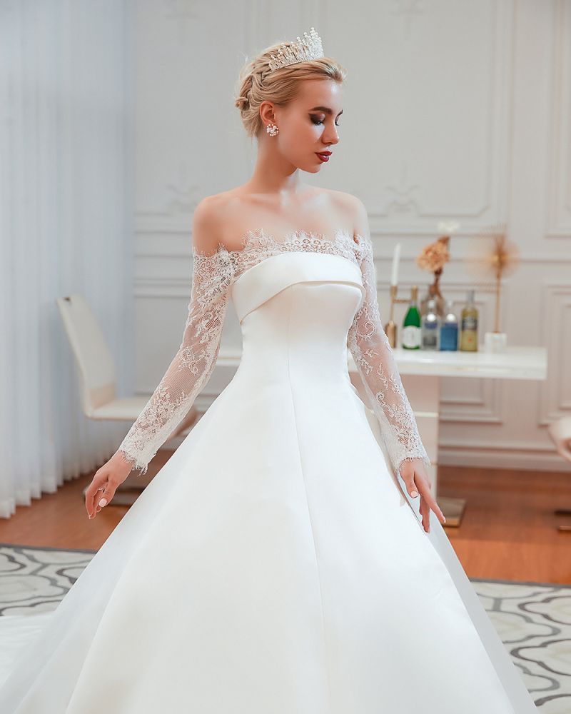 Romantic Lace Long Sleeves Princess Satin Wedding Dress | Princess Bridal Gowns with Cathedral Train