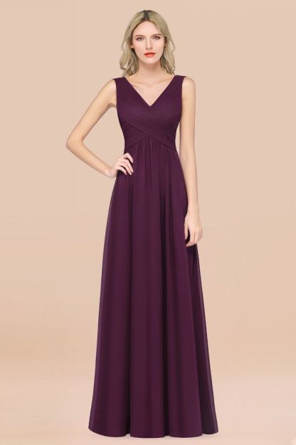 Chiffon A-Line Straps V-Neck Sleeveless Long Bridesmaid Dress with Ruffles