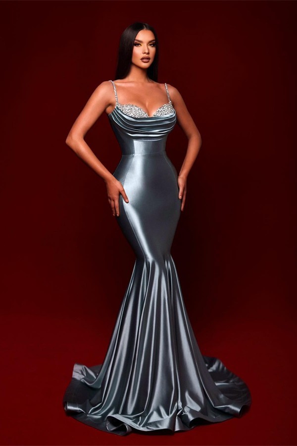 Gorgeous Grey Spaghetti Straps Sheath Floor Length Stretch Satin Prom Dress