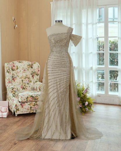 Champange One shoulder Strapless A-line Prom Dresses