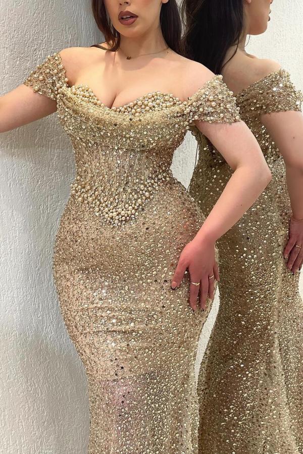 Stunning Off-the-Shoulder White Sequined Sheath Evening Dress with Pearls