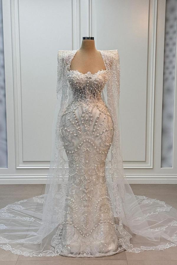 Long sleeves Strapless Mermaid Ivory Court train Wedding Dresses