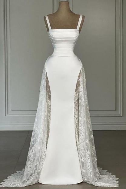 Sleeveless Simple Spaghetti Straps Empire  Satin Wedding Dress Mermaid Lace Prom Dress