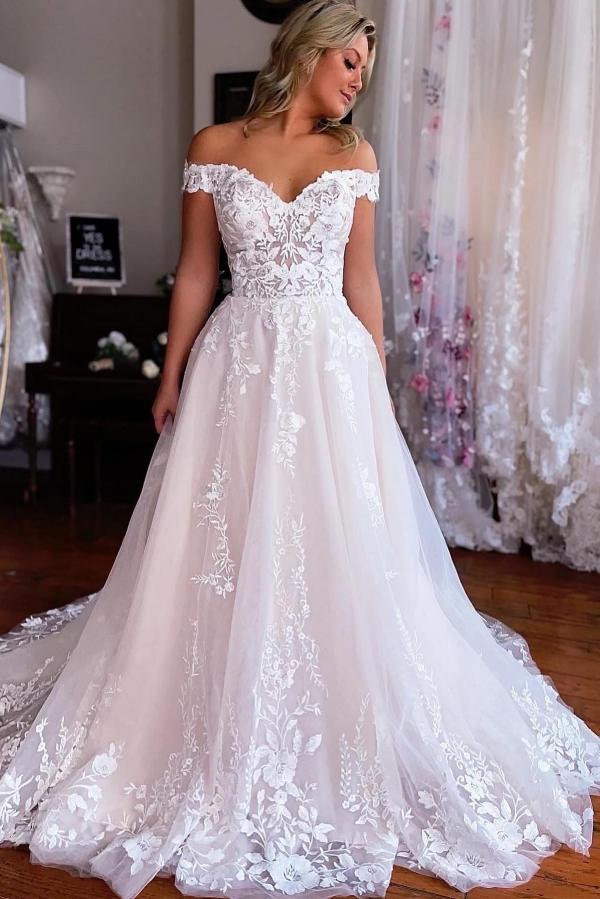 Off the shoulder Lace A-line Princess Lace Wedding Dresses