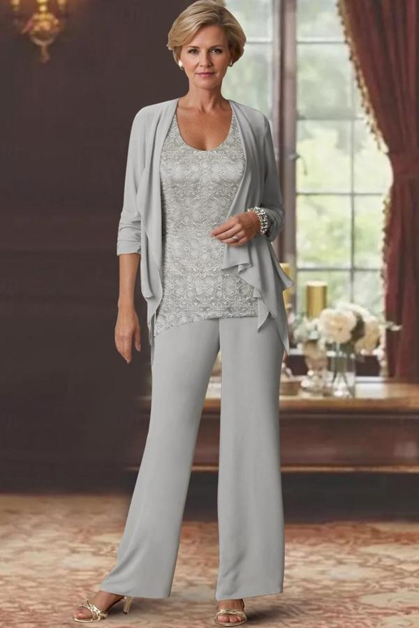 Elegant Cowl Neck Chiffon Lace Mother Of the Bride Outfits