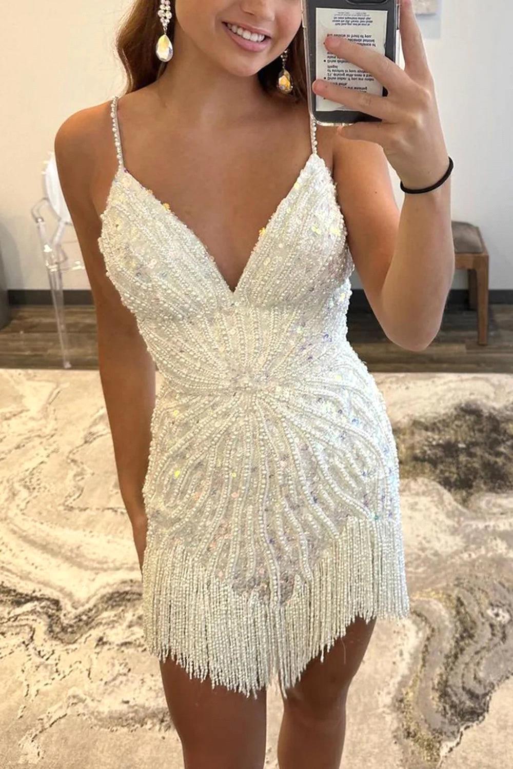 Sparkly White Spaghetti Straps Beaded Short Homecoming Dress with Tassels
