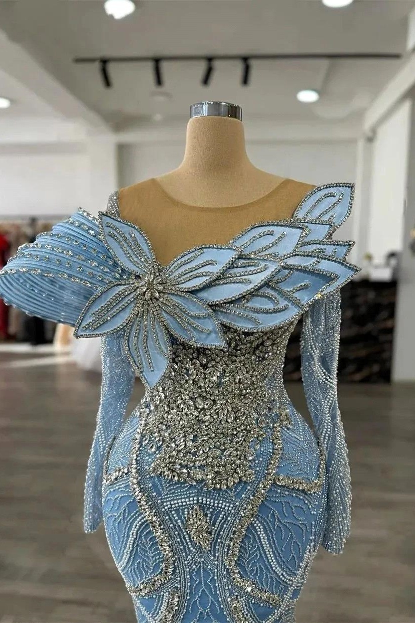 Luxury Crystals Long Sleeves Floor-Length Mermaid Prom Dress with Flowers 