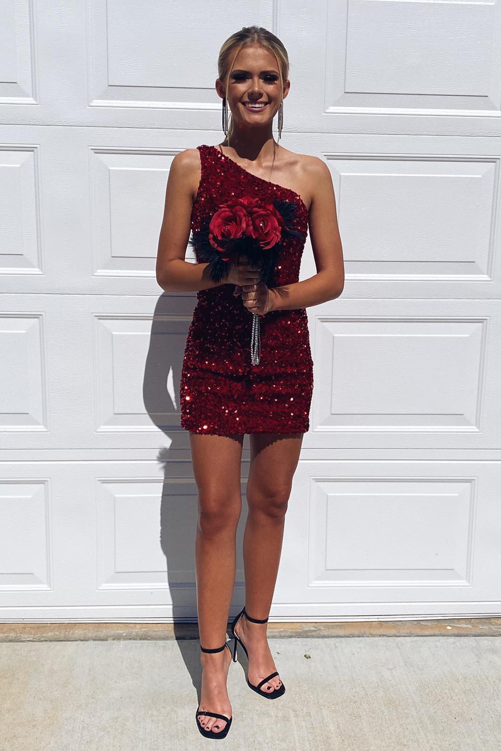 one sleeve homecoming dresses Tight Dresses,One Shoulder Homecoming Dress,Mini Length Hom Joyofdress this light blue homecoming dress offers a single Tight Black Sequins One Shoulder