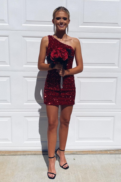 Tight Black Sequins One Shoulder Homecoming Dress