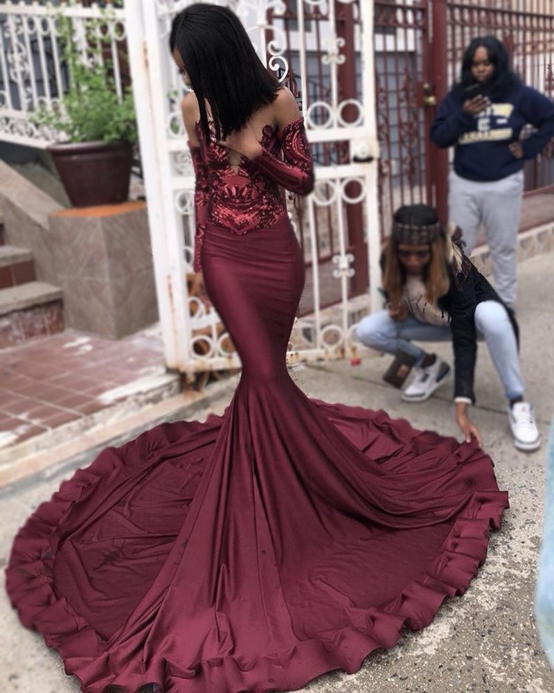 Sexy Burgundy Sequins Mermaid Prom Dresses | Long Sleeves Evening Dresses On Sale