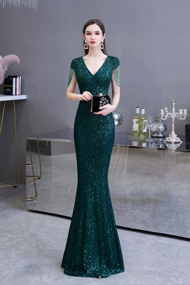 Shining Sequined Emerald Green Mermaid Cap sleeve Long Prom Dress