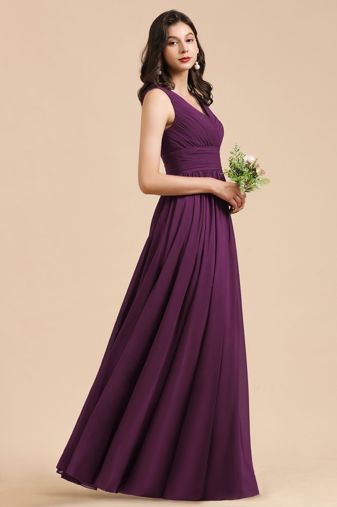 Elegant V-Neck Ruched Chiffon Bridesmaid Dress Sleeveless Long Evening Dress