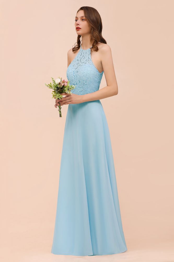 Sky Blue Halter Hollow Lace Wedding Guest Dress Sleeveless Party Wear Dress